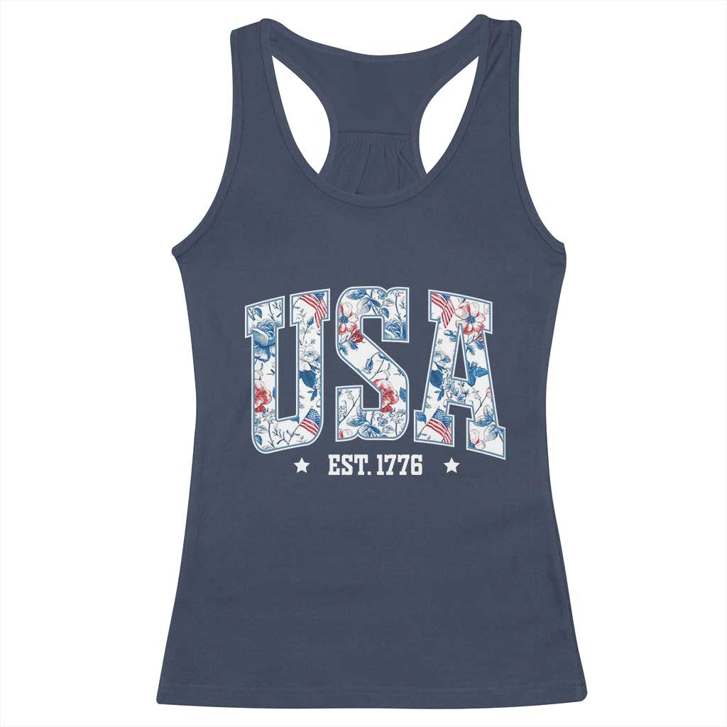 Floral USA Racerback Tank Top Est 1776 Patriotic American Girl 4th of July - Wonder Print Shop
