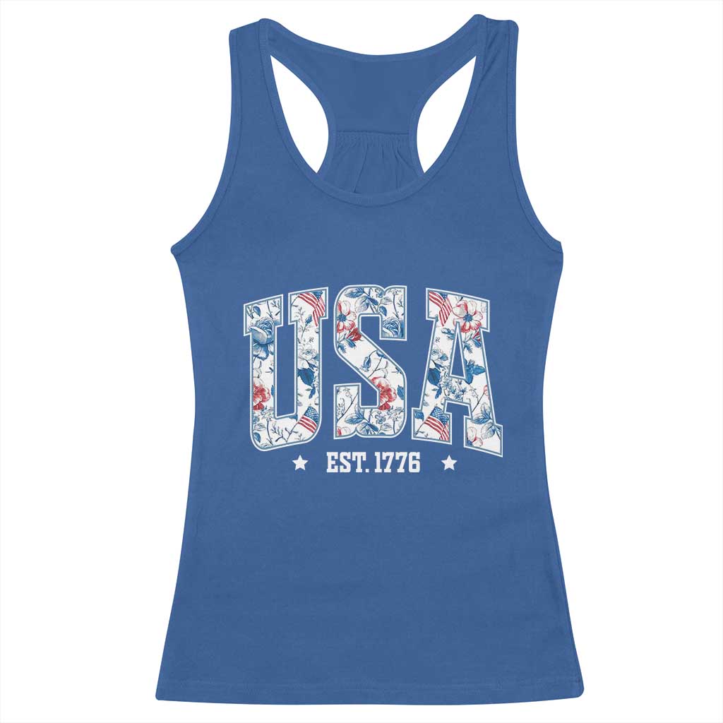 Floral USA Racerback Tank Top Est 1776 Patriotic American Girl 4th of July - Wonder Print Shop