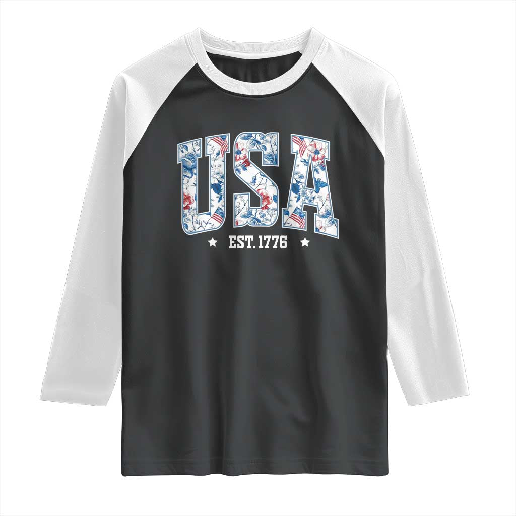Floral USA Raglan Shirt Est 1776 Patriotic American Girl 4th of July - Wonder Print Shop