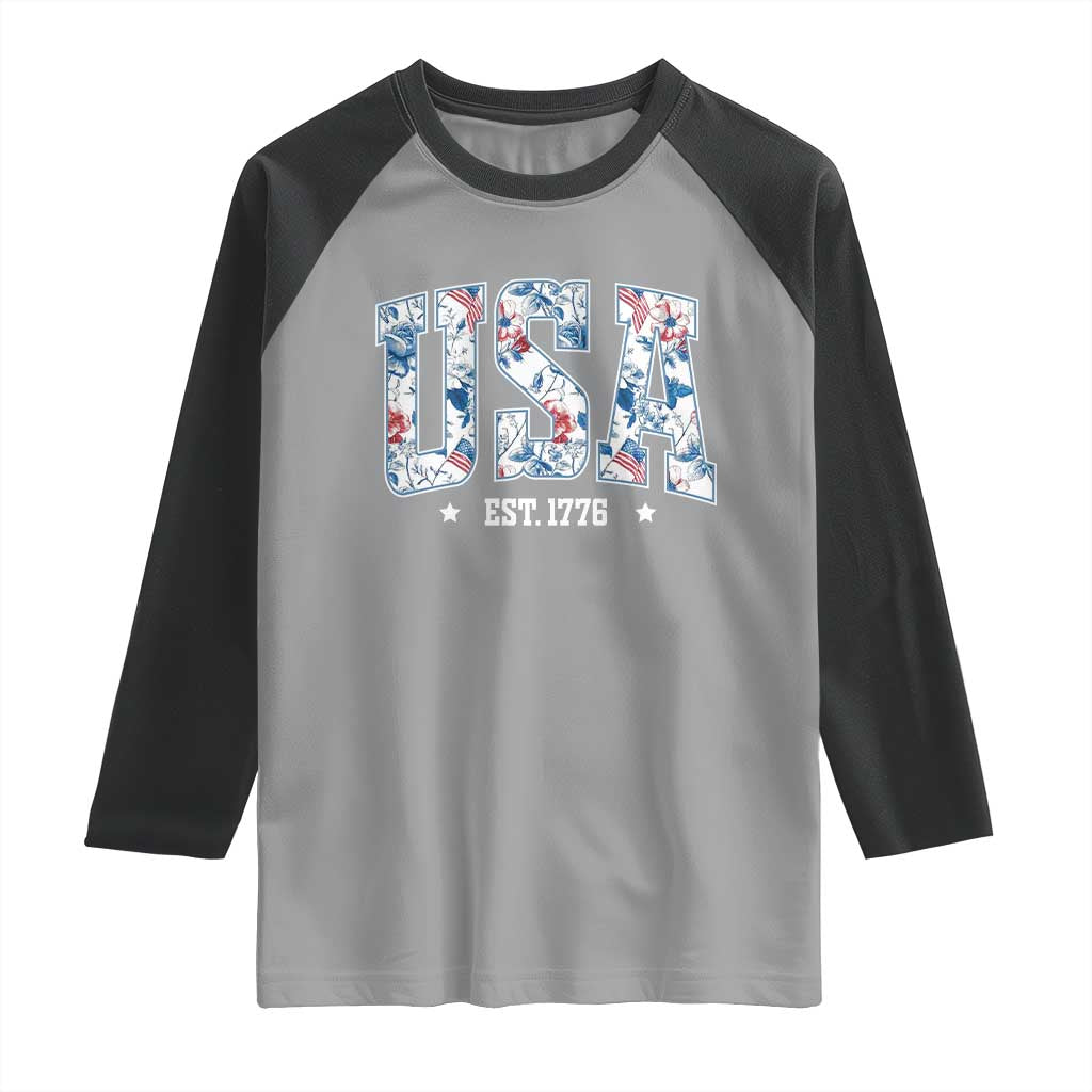 Floral USA Raglan Shirt Est 1776 Patriotic American Girl 4th of July - Wonder Print Shop