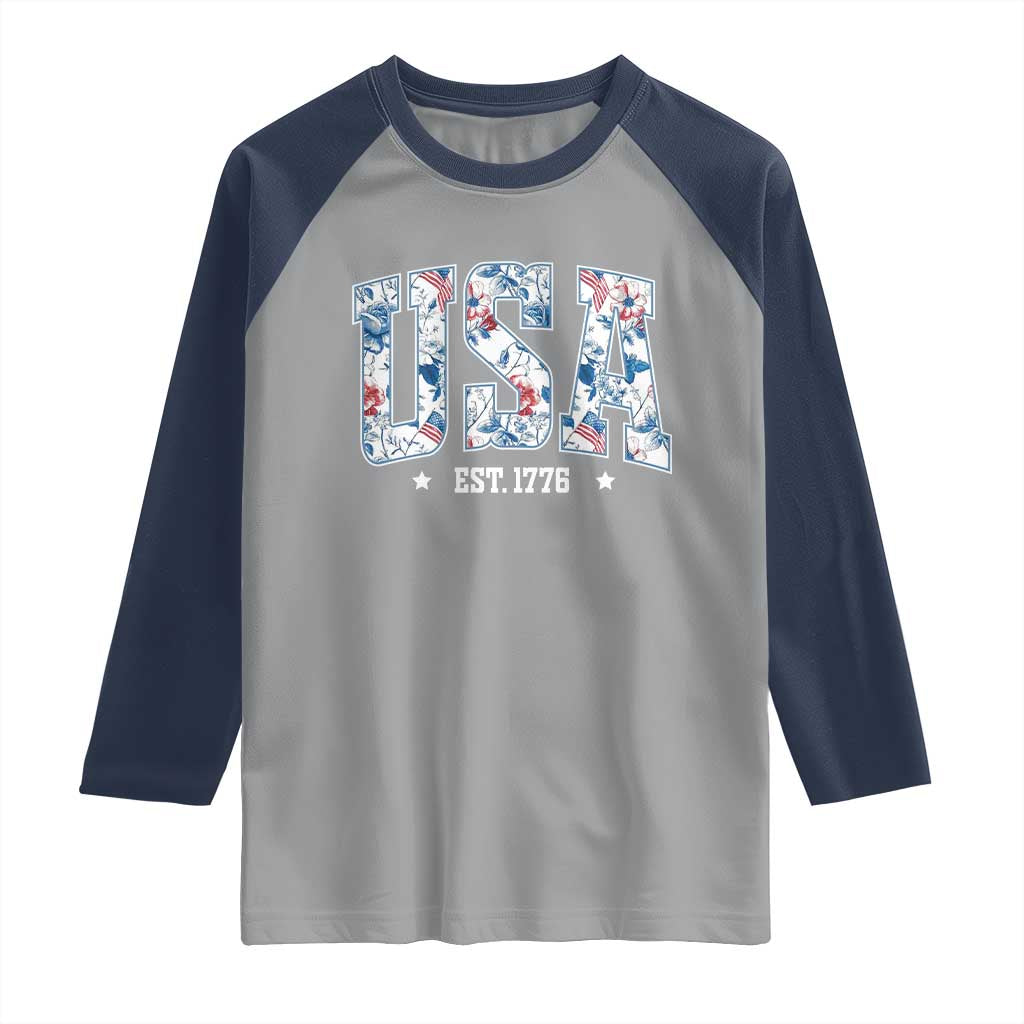 Floral USA Raglan Shirt Est 1776 Patriotic American Girl 4th of July - Wonder Print Shop