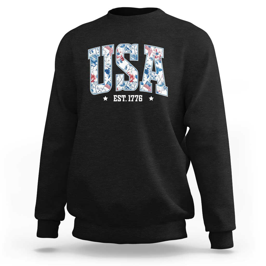 Floral USA Sweatshirt Est 1776 Patriotic American Girl 4th of July - Wonder Print Shop