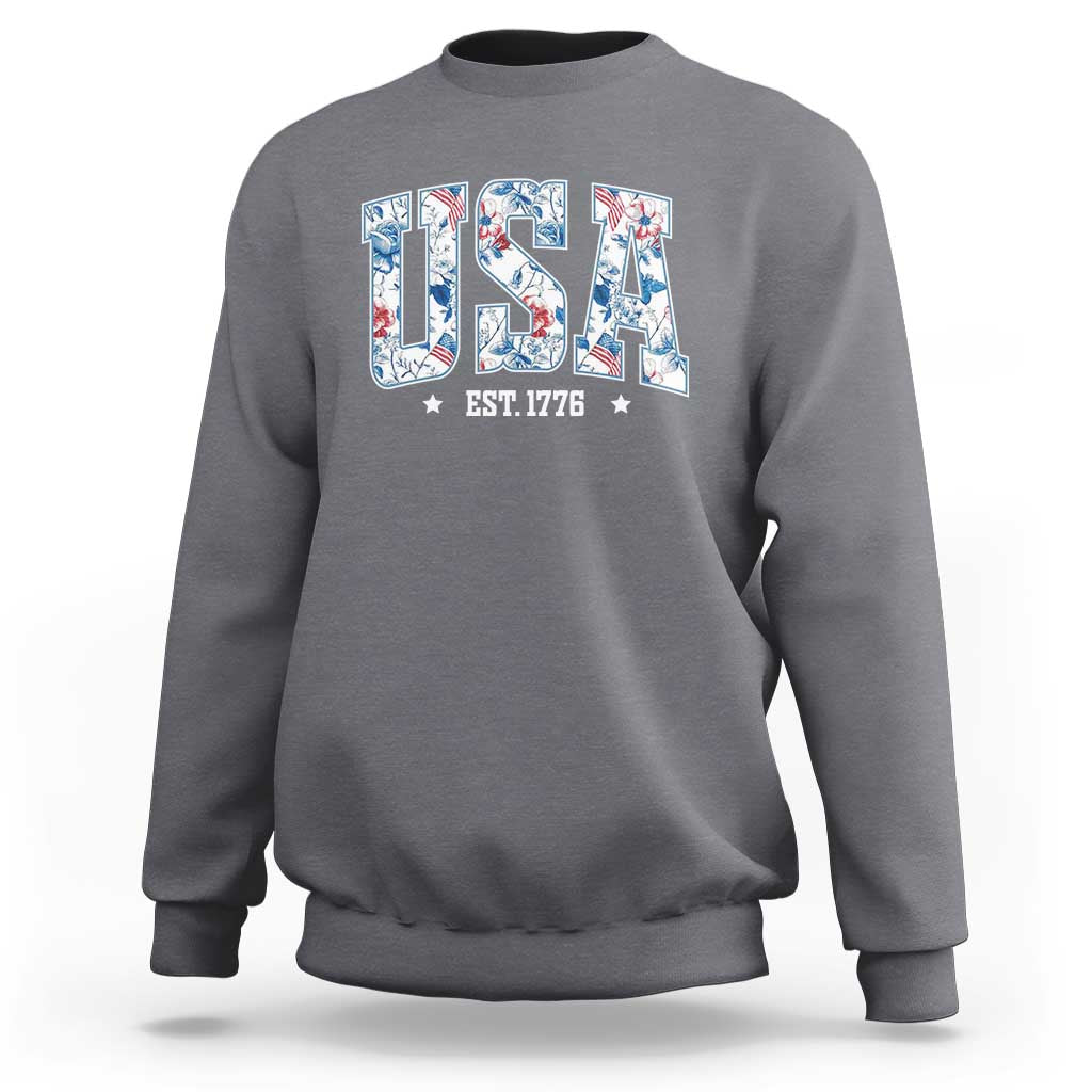Floral USA Sweatshirt Est 1776 Patriotic American Girl 4th of July - Wonder Print Shop