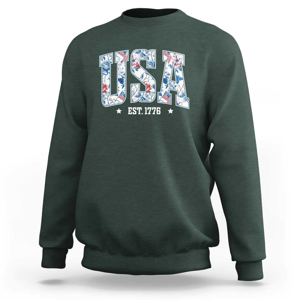 Floral USA Sweatshirt Est 1776 Patriotic American Girl 4th of July - Wonder Print Shop