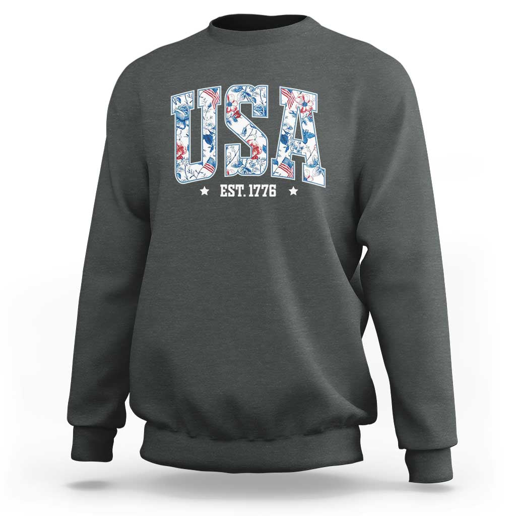 Floral USA Sweatshirt Est 1776 Patriotic American Girl 4th of July - Wonder Print Shop