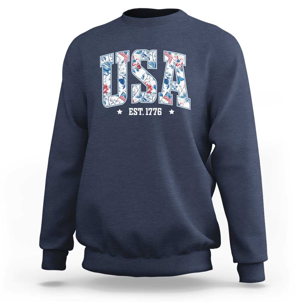 Floral USA Sweatshirt Est 1776 Patriotic American Girl 4th of July - Wonder Print Shop