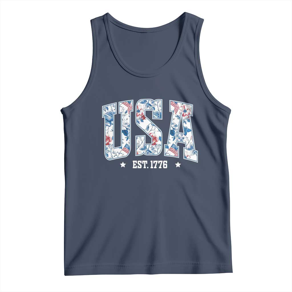 Floral USA Tank Top Est 1776 Patriotic American Girl 4th of July - Wonder Print Shop