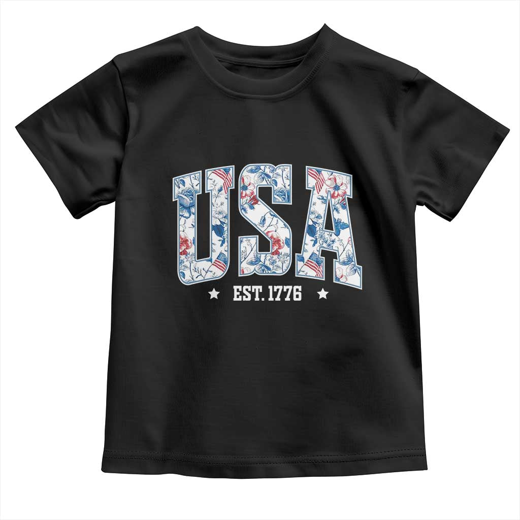 Floral USA Toddler T Shirt Est 1776 Patriotic American Girl 4th of July - Wonder Print Shop