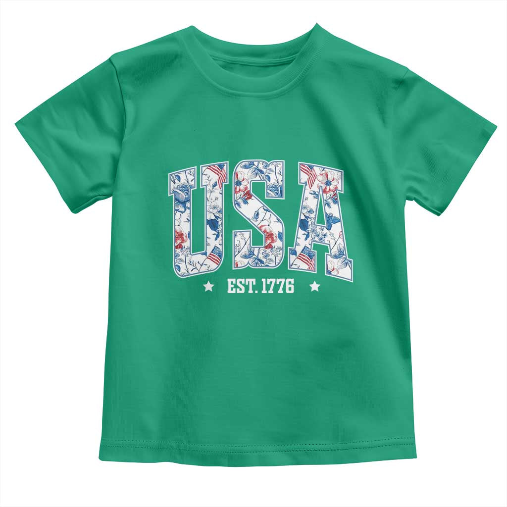 Floral USA Toddler T Shirt Est 1776 Patriotic American Girl 4th of July - Wonder Print Shop