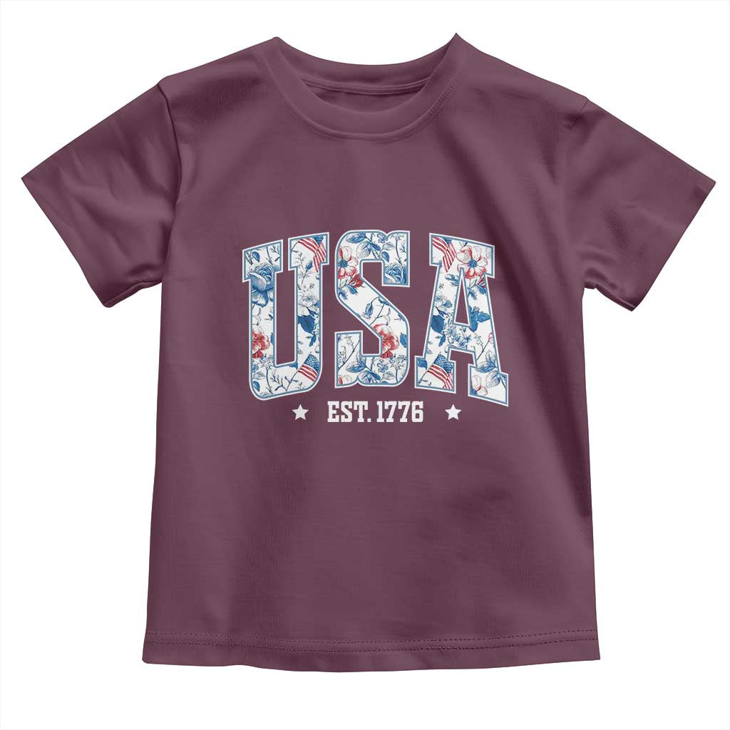 Floral USA Toddler T Shirt Est 1776 Patriotic American Girl 4th of July - Wonder Print Shop