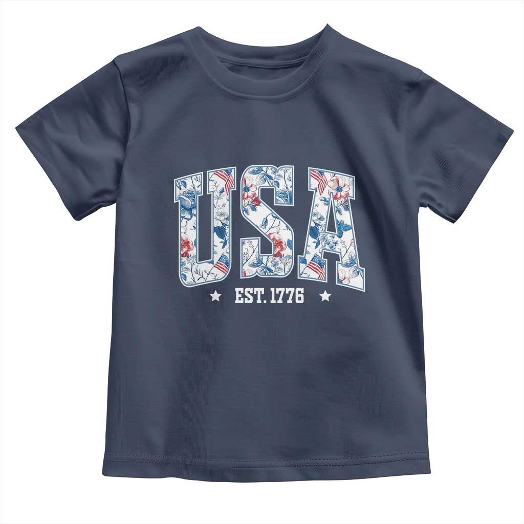 Floral USA Toddler T Shirt Est 1776 Patriotic American Girl 4th of July - Wonder Print Shop