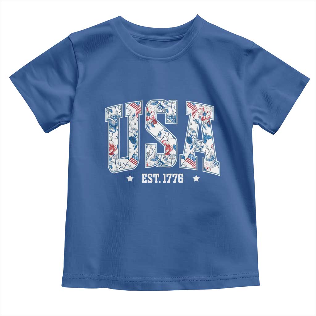 Floral USA Toddler T Shirt Est 1776 Patriotic American Girl 4th of July - Wonder Print Shop