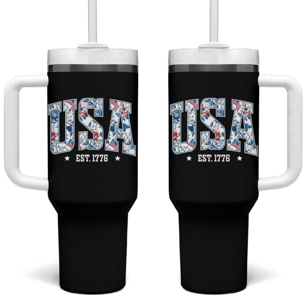 Floral USA Tumbler With Handle Est 1776 Patriotic American Girl 4th of July - Wonder Print Shop