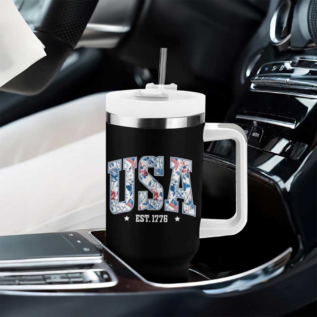 Floral USA Tumbler With Handle Est 1776 Patriotic American Girl 4th of July - Wonder Print Shop