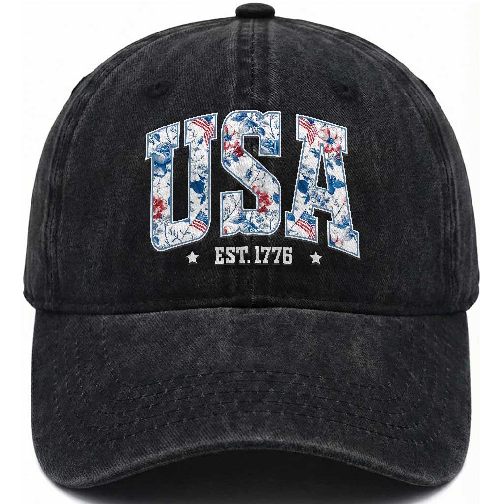 Floral USA Washed Cotton Baseball Cap Est 1776 Patriotic American Girl 4th of July