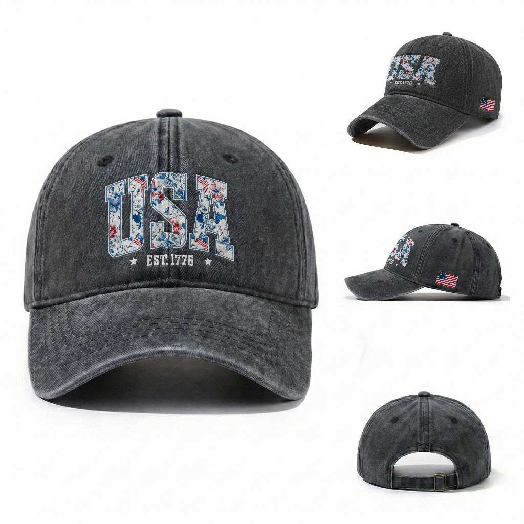 Floral USA Washed Cotton Baseball Cap Est 1776 Patriotic American Girl 4th of July