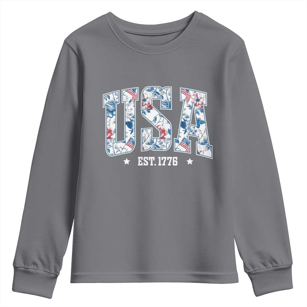 Floral USA Youth Sweatshirt Est 1776 Patriotic American Girl 4th of July - Wonder Print Shop