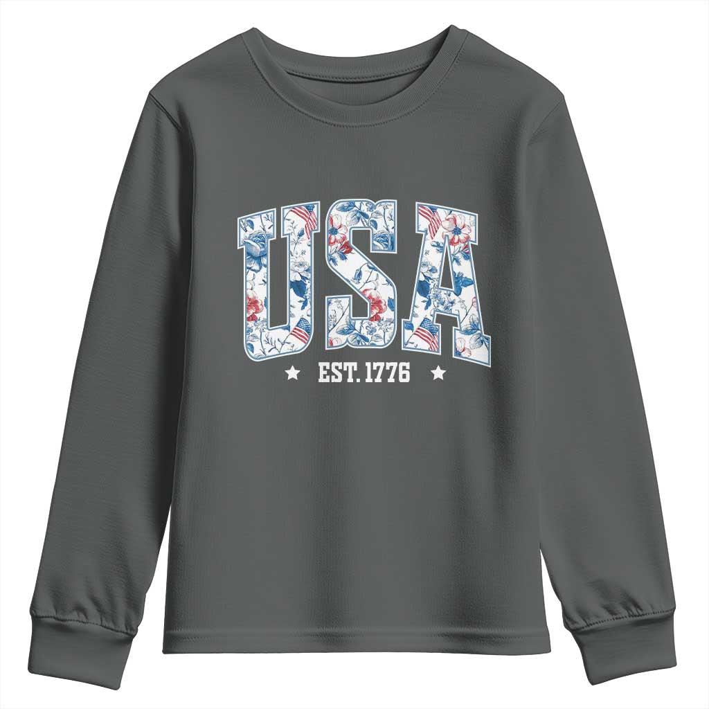 Floral USA Youth Sweatshirt Est 1776 Patriotic American Girl 4th of July - Wonder Print Shop