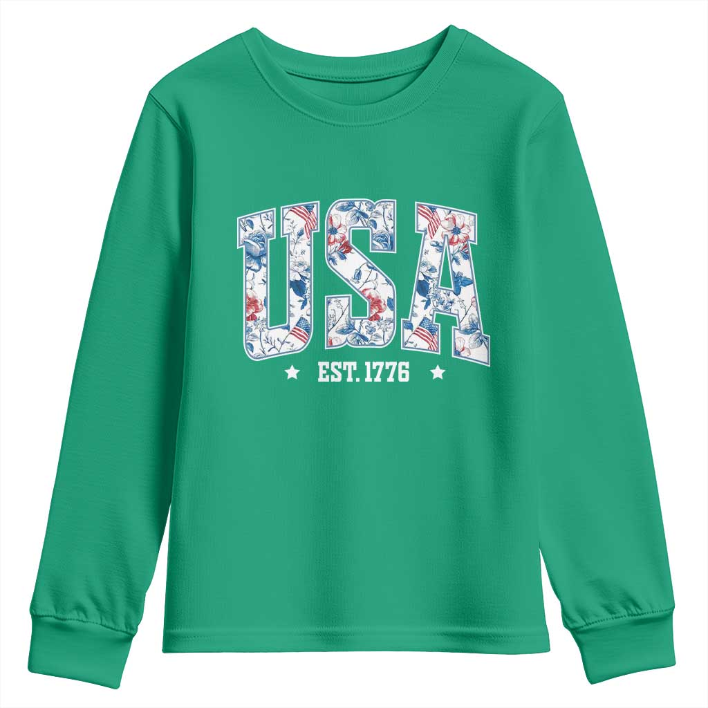 Floral USA Youth Sweatshirt Est 1776 Patriotic American Girl 4th of July - Wonder Print Shop