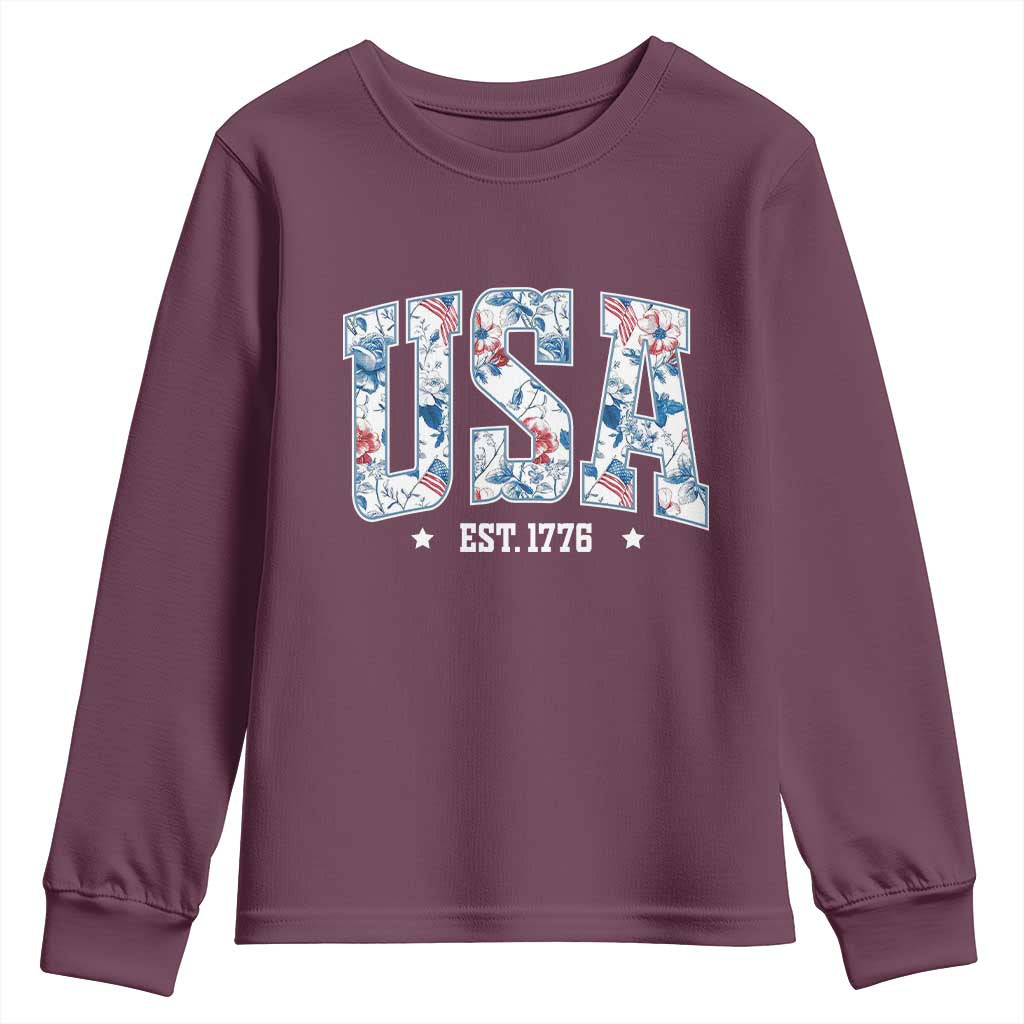 Floral USA Youth Sweatshirt Est 1776 Patriotic American Girl 4th of July - Wonder Print Shop