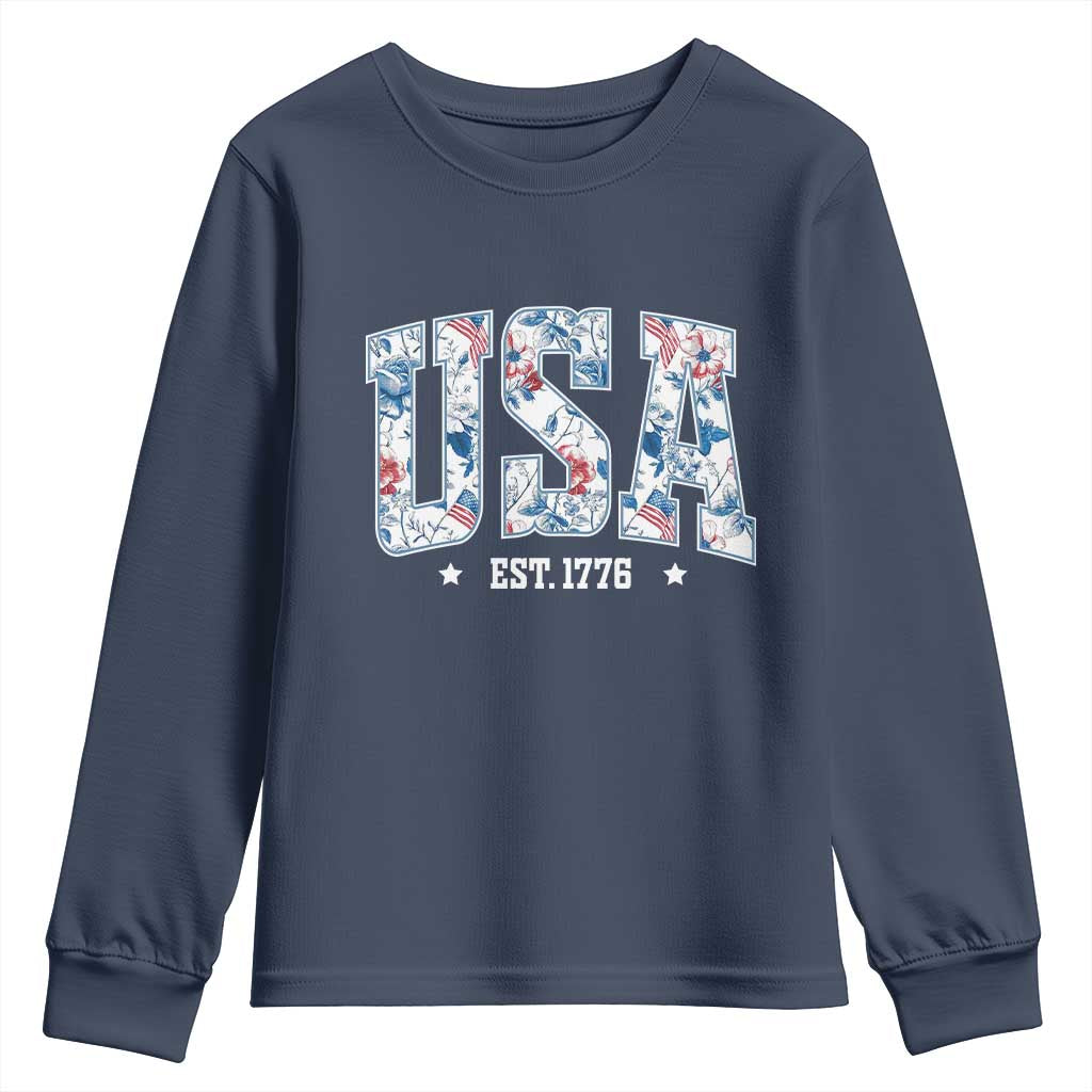 Floral USA Youth Sweatshirt Est 1776 Patriotic American Girl 4th of July - Wonder Print Shop