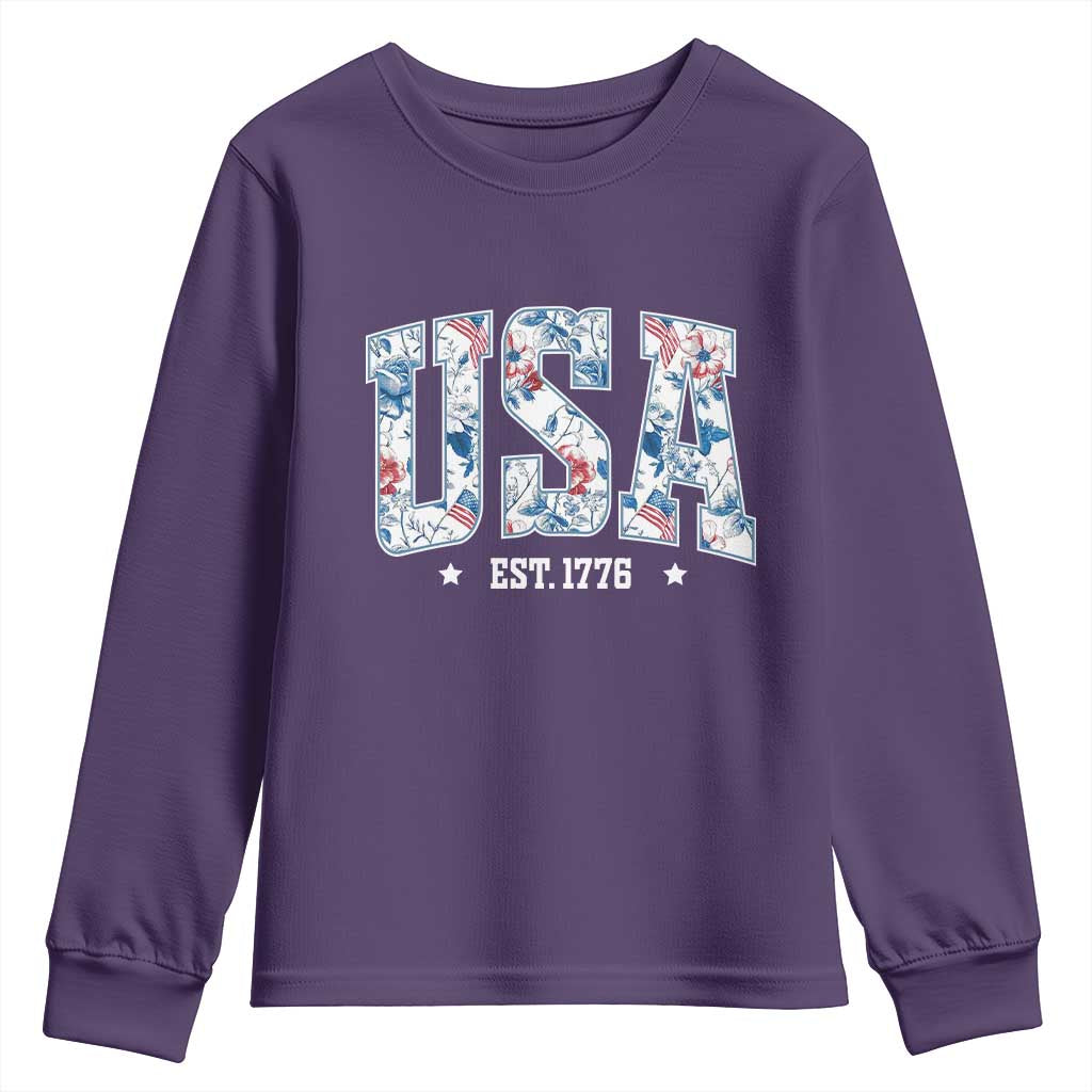 Floral USA Youth Sweatshirt Est 1776 Patriotic American Girl 4th of July - Wonder Print Shop