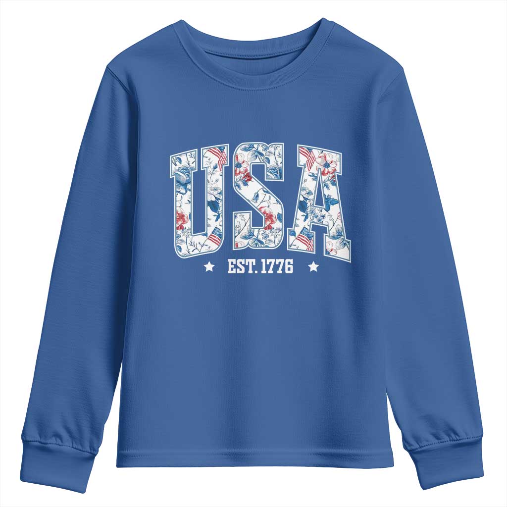 Floral USA Youth Sweatshirt Est 1776 Patriotic American Girl 4th of July - Wonder Print Shop
