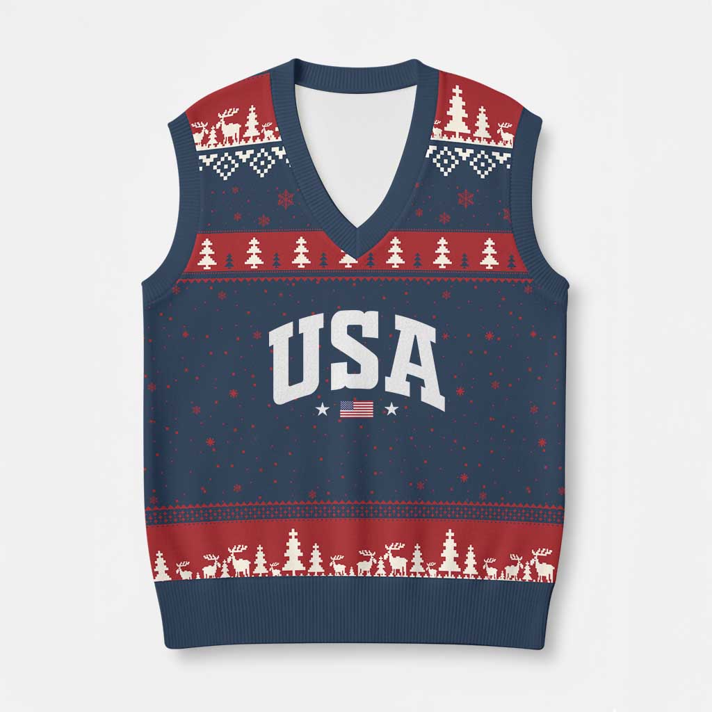 USA V-Neck Knit Sweater Vest American Flag Patriotic 4th of July - Wonder Print Shop