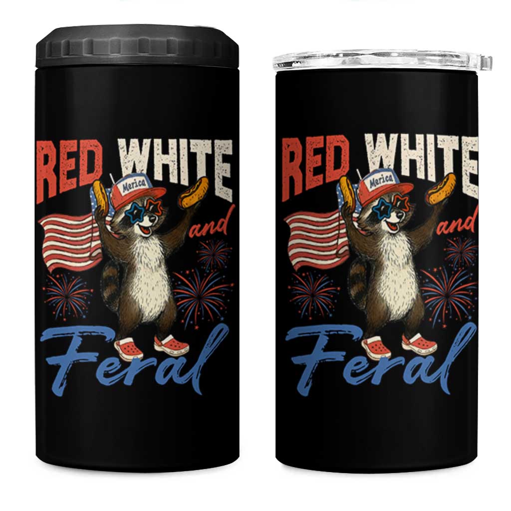 Funny Raccoon July 4th 4 in 1 Can Cooler Tumbler Red White and Feral Patriotic Trash Panda - Wonder Print Shop