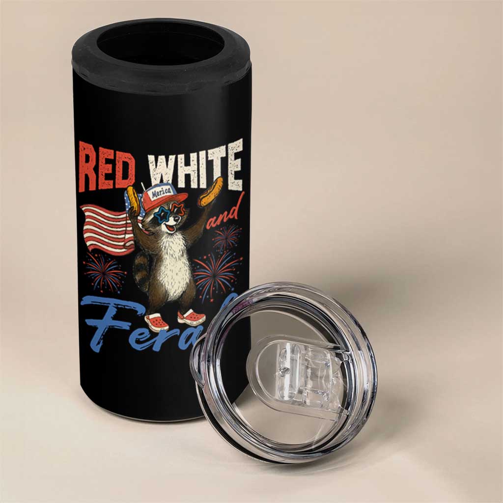 Funny Raccoon July 4th 4 in 1 Can Cooler Tumbler Red White and Feral Patriotic Trash Panda - Wonder Print Shop