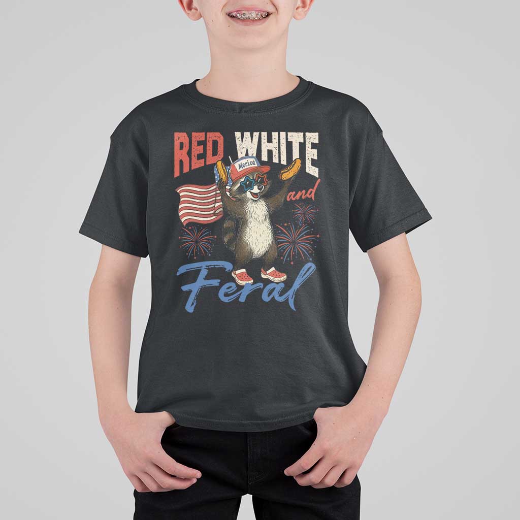 Funny Raccoon July 4th T Shirt For Kid Red White and Feral Patriotic Trash Panda - Wonder Print Shop