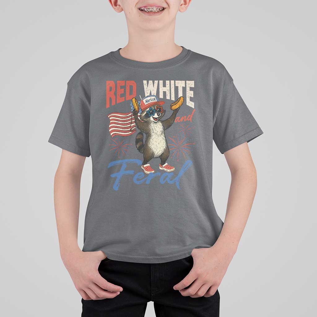 Funny Raccoon July 4th T Shirt For Kid Red White and Feral Patriotic Trash Panda - Wonder Print Shop