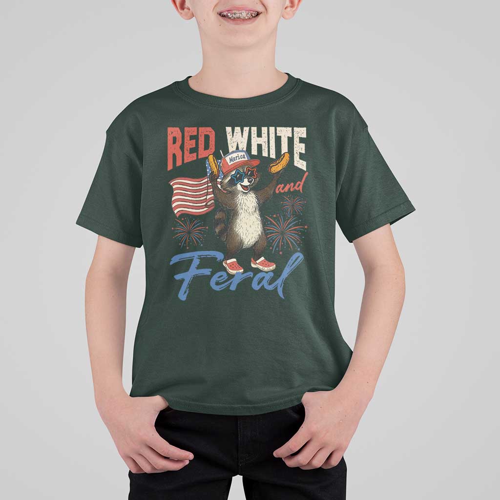 Funny Raccoon July 4th T Shirt For Kid Red White and Feral Patriotic Trash Panda - Wonder Print Shop