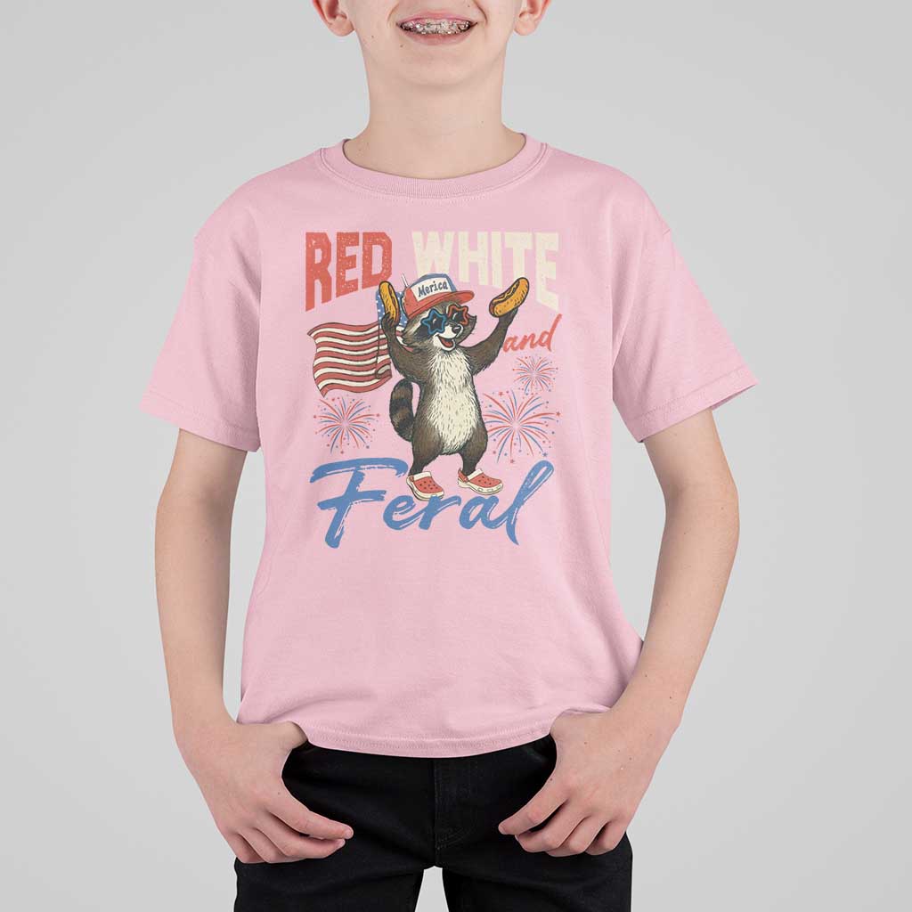 Funny Raccoon July 4th T Shirt For Kid Red White and Feral Patriotic Trash Panda - Wonder Print Shop
