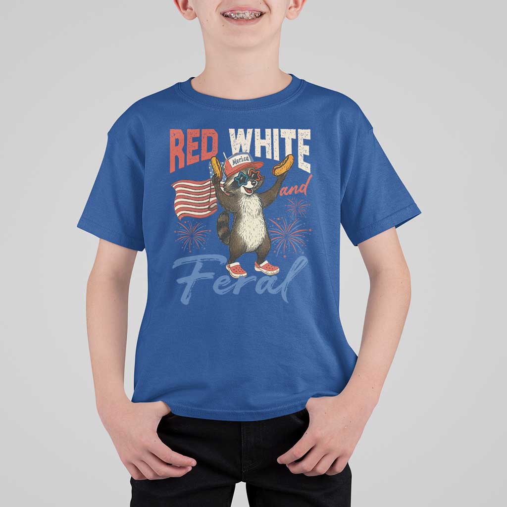 Funny Raccoon July 4th T Shirt For Kid Red White and Feral Patriotic Trash Panda - Wonder Print Shop