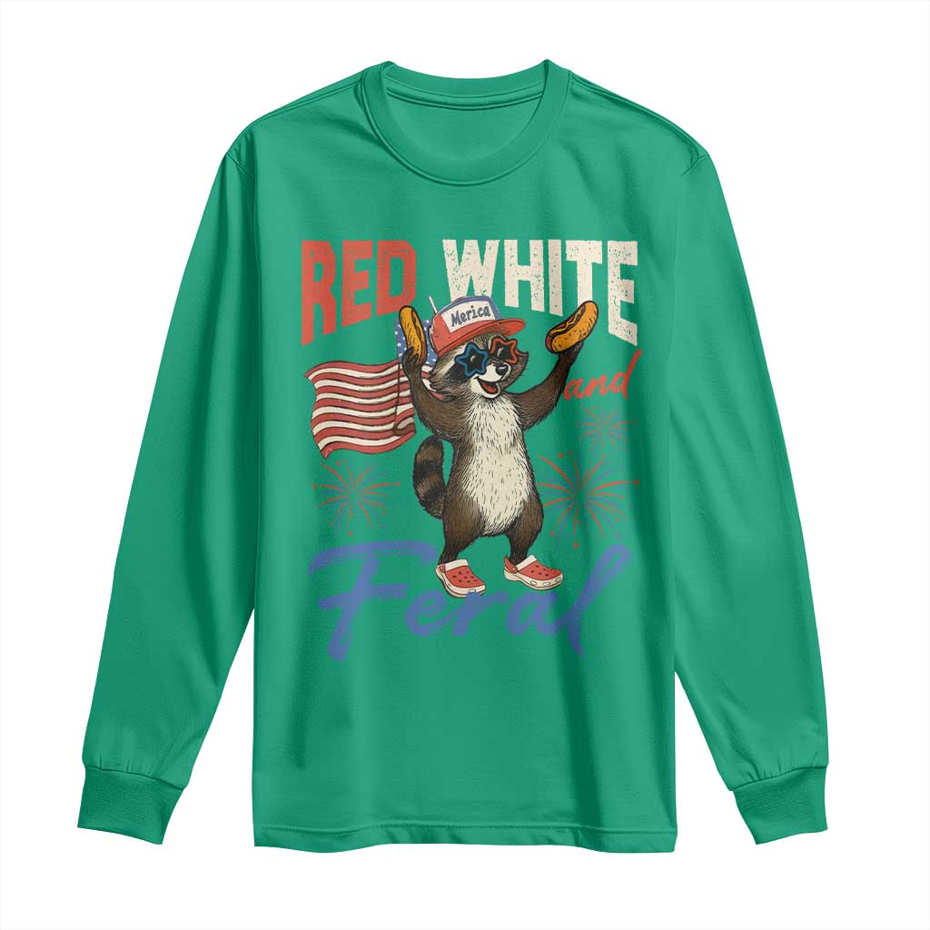 Funny Raccoon July 4th Long Sleeve Shirt Red White and Feral Patriotic Trash Panda - Wonder Print Shop