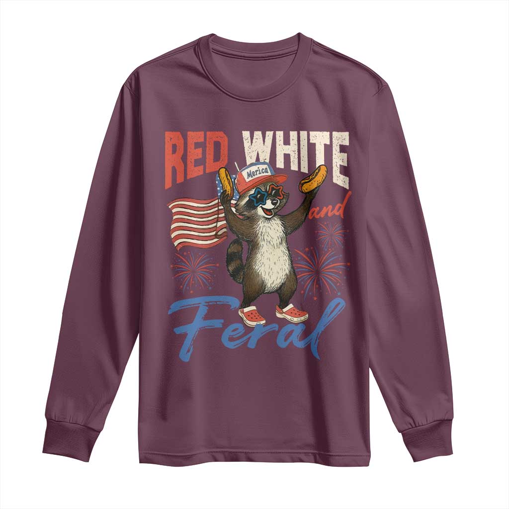 Funny Raccoon July 4th Long Sleeve Shirt Red White and Feral Patriotic Trash Panda - Wonder Print Shop