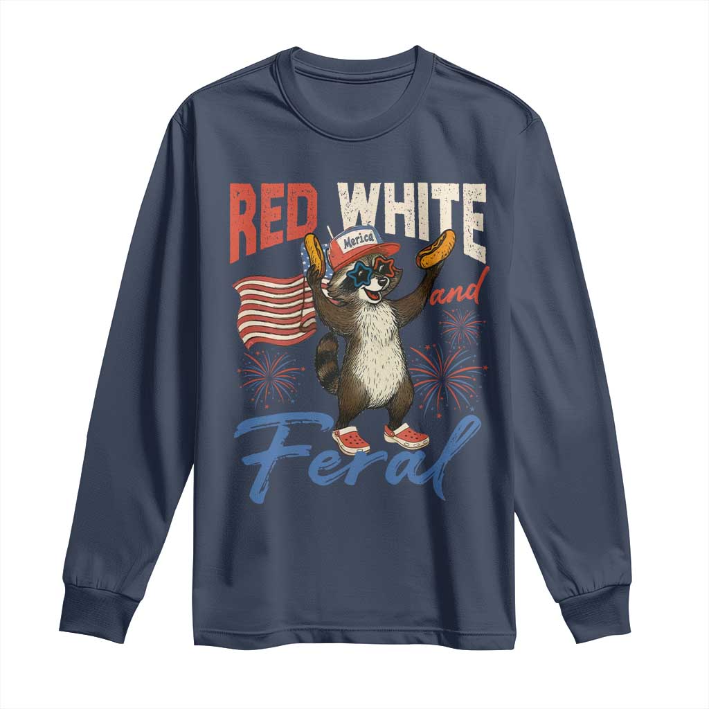 Funny Raccoon July 4th Long Sleeve Shirt Red White and Feral Patriotic Trash Panda - Wonder Print Shop