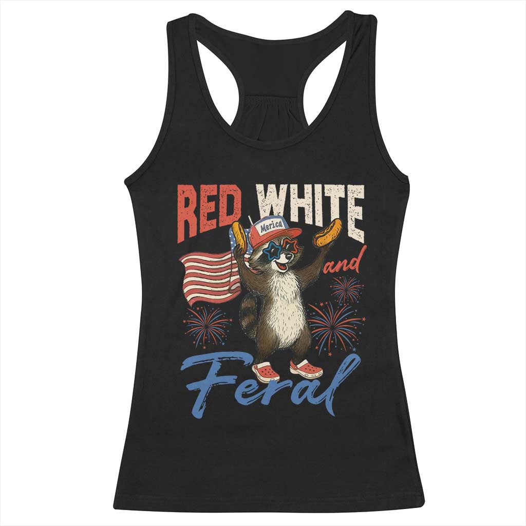 Funny Raccoon July 4th Racerback Tank Top Red White and Feral Patriotic Trash Panda - Wonder Print Shop