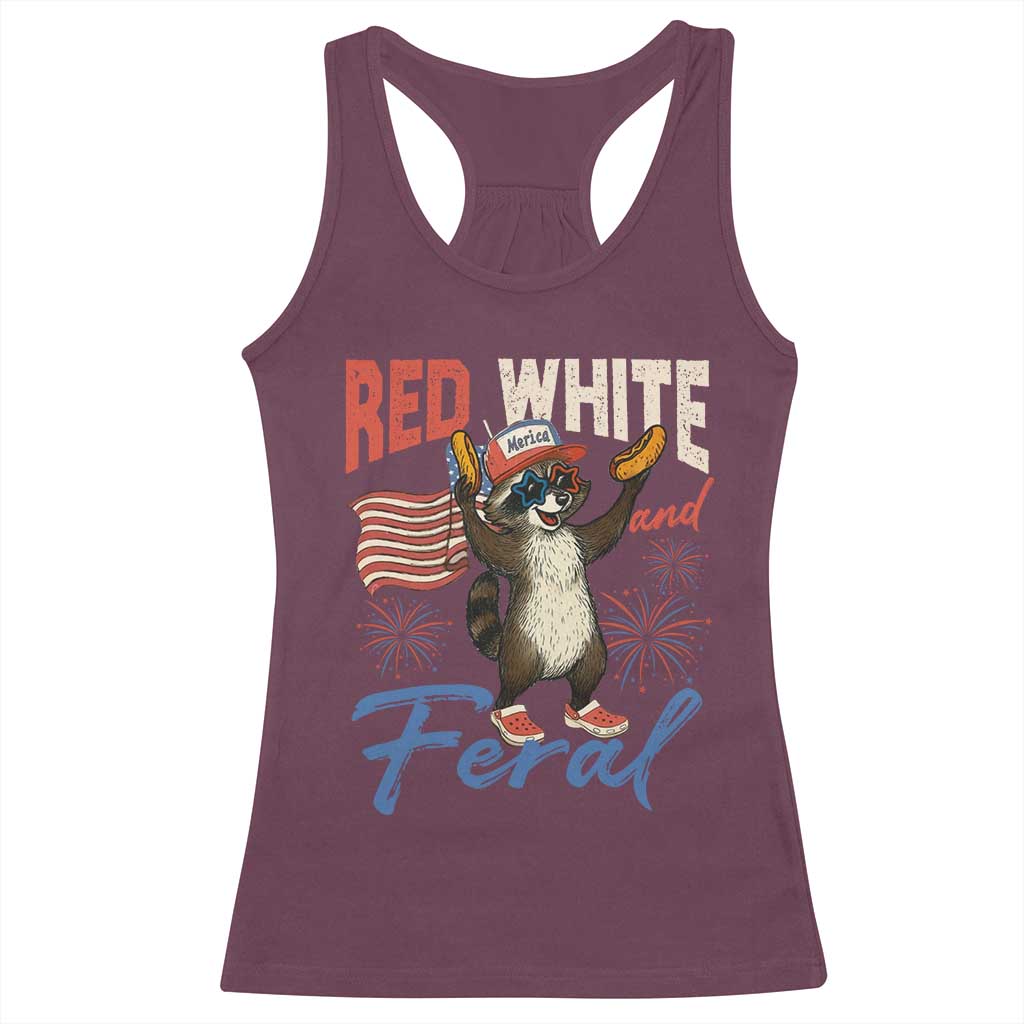 Funny Raccoon July 4th Racerback Tank Top Red White and Feral Patriotic Trash Panda - Wonder Print Shop
