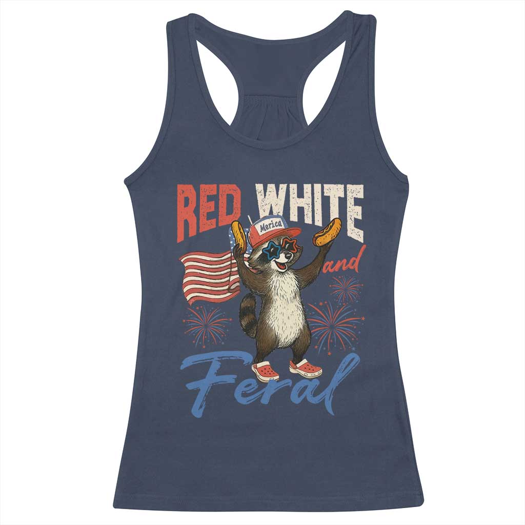 Funny Raccoon July 4th Racerback Tank Top Red White and Feral Patriotic Trash Panda - Wonder Print Shop