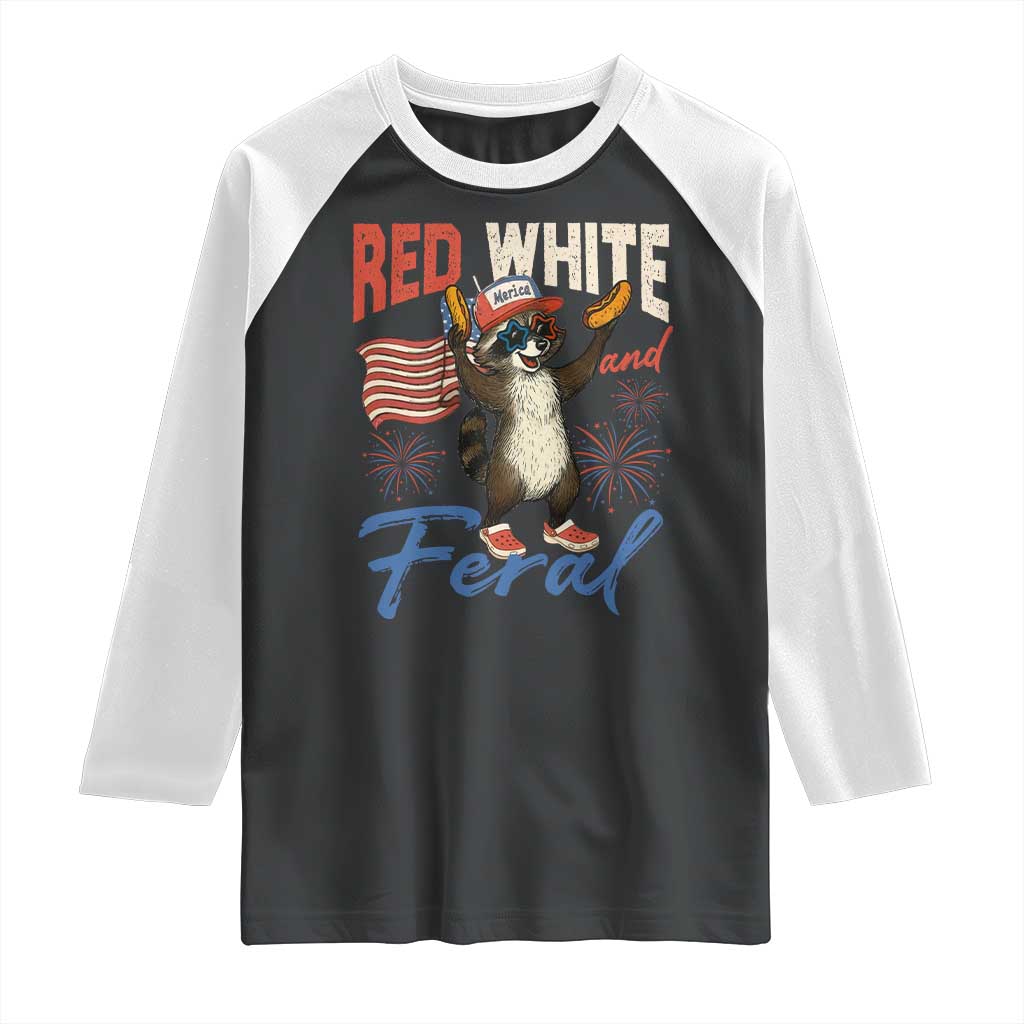 Funny Raccoon July 4th Raglan Shirt Red White and Feral Patriotic Trash Panda - Wonder Print Shop