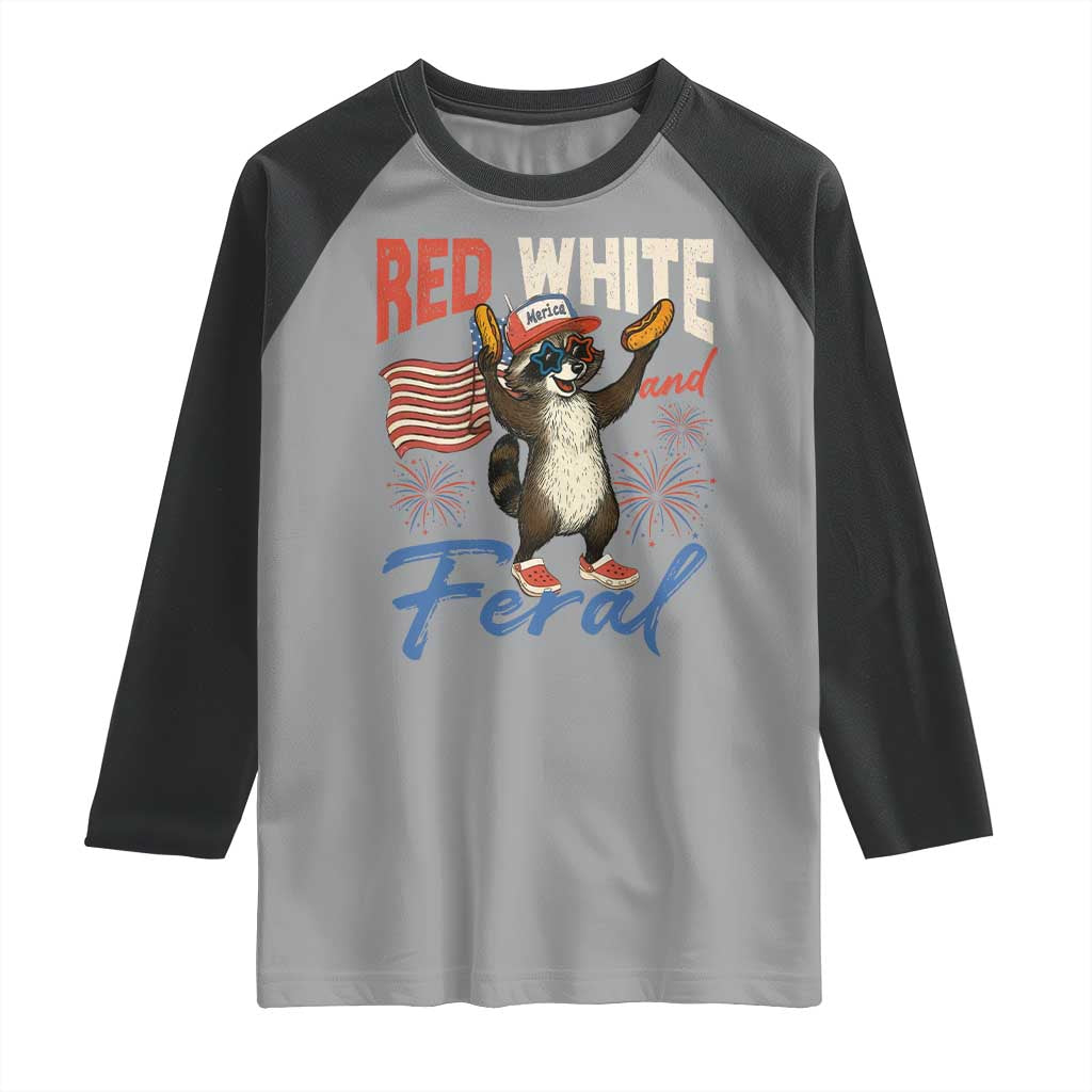 Funny Raccoon July 4th Raglan Shirt Red White and Feral Patriotic Trash Panda - Wonder Print Shop