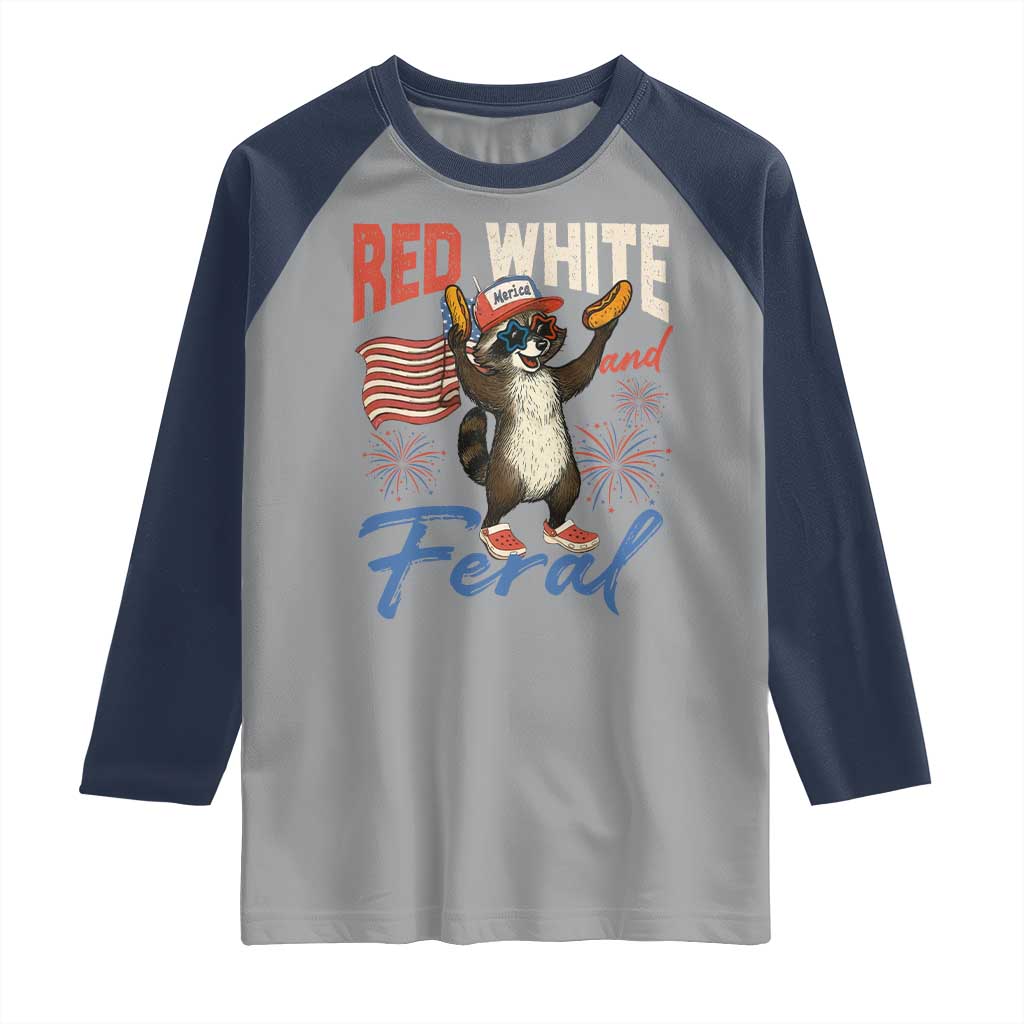 Funny Raccoon July 4th Raglan Shirt Red White and Feral Patriotic Trash Panda - Wonder Print Shop