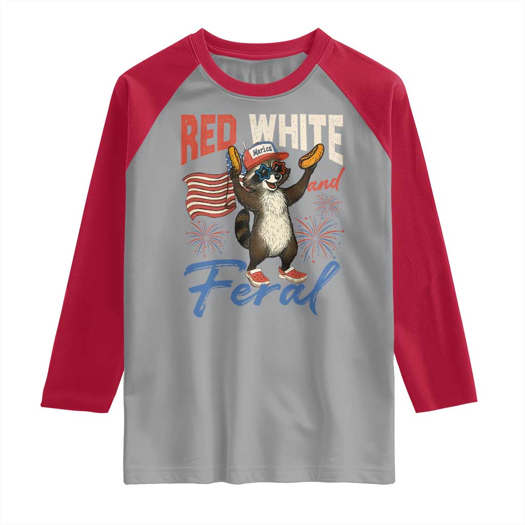 Funny Raccoon July 4th Raglan Shirt Red White and Feral Patriotic Trash Panda - Wonder Print Shop
