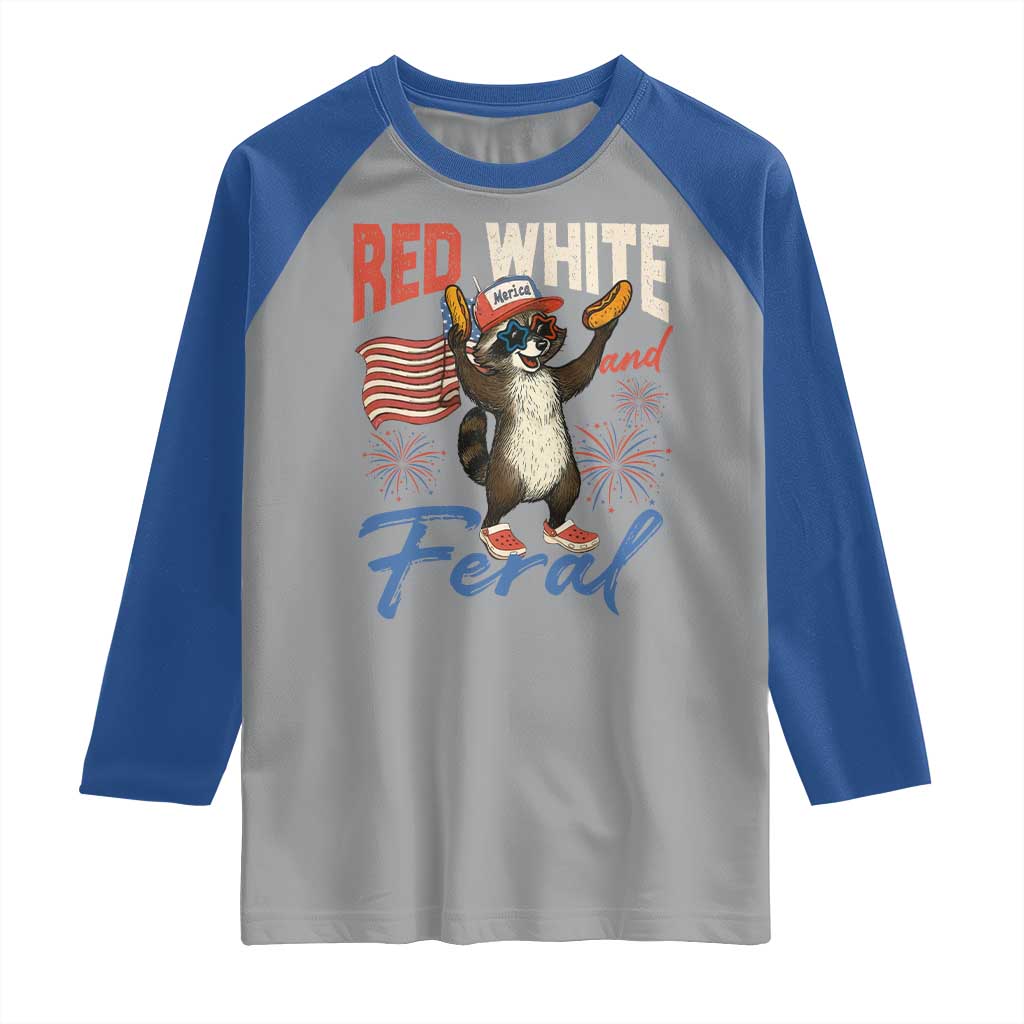 Funny Raccoon July 4th Raglan Shirt Red White and Feral Patriotic Trash Panda - Wonder Print Shop