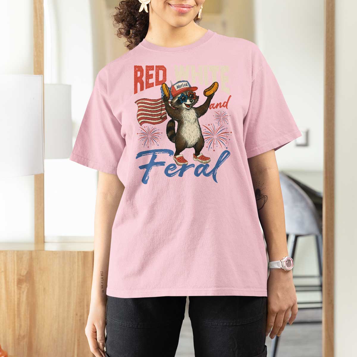 Funny Raccoon July 4th T Shirt For Women Red White and Feral Patriotic Trash Panda - Wonder Print Shop