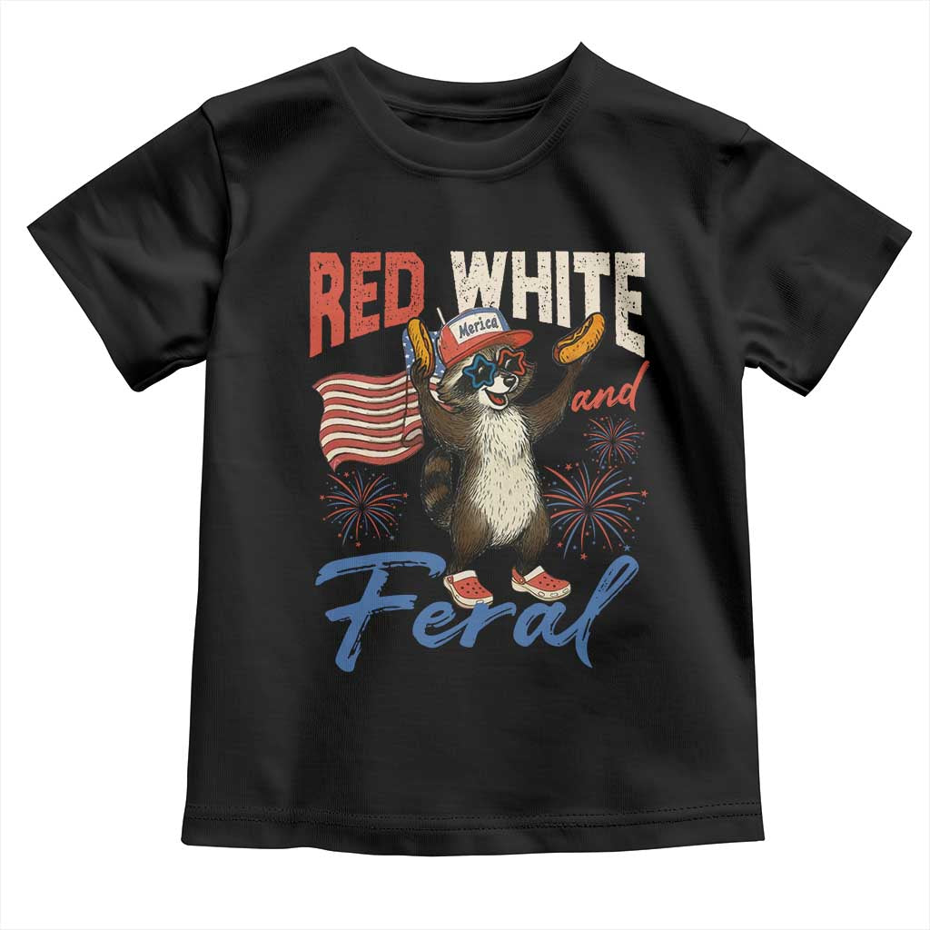 Funny Raccoon July 4th Toddler T Shirt Red White and Feral Patriotic Trash Panda - Wonder Print Shop