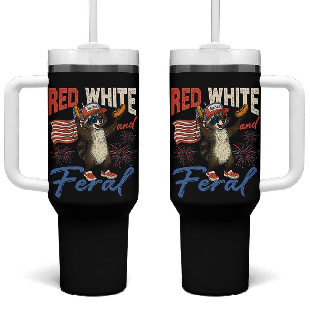 Funny Raccoon July 4th Tumbler With Handle Red White and Feral Patriotic Trash Panda - Wonder Print Shop