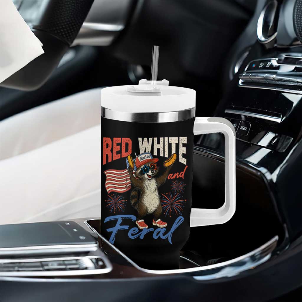 Funny Raccoon July 4th Tumbler With Handle Red White and Feral Patriotic Trash Panda - Wonder Print Shop